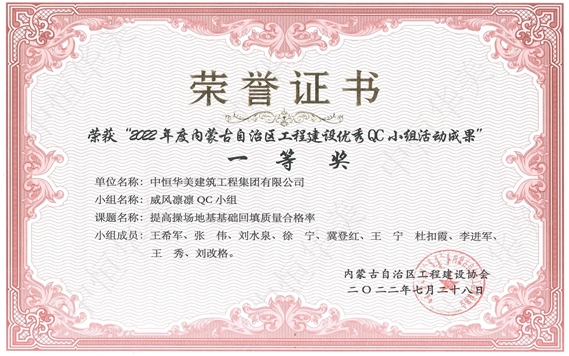 2022年7月榮獲內(nèi)蒙古自治區(qū)工程建設優(yōu)秀QC小組活動成果