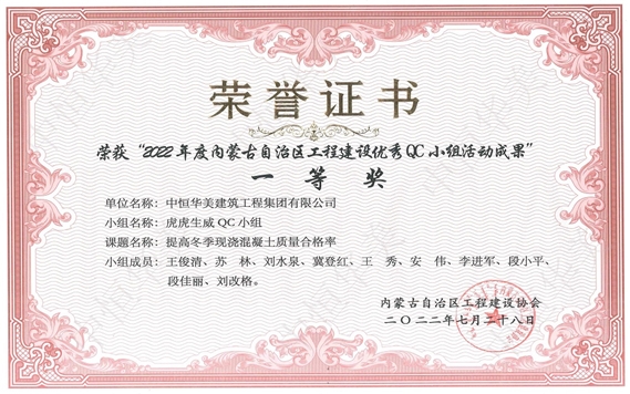 2022年7月榮獲內(nèi)蒙古自治區(qū)工程建設優(yōu)秀QC小組活動成果